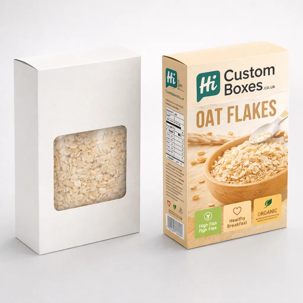 Custom cardboard oat flakes packaging featuring a transparent window cutout to display the natural product inside. class=
